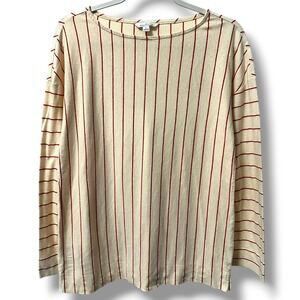 LL Bean Signature Women's S Hemp Cotton Striped Boatneck Top Cream Red Nautical